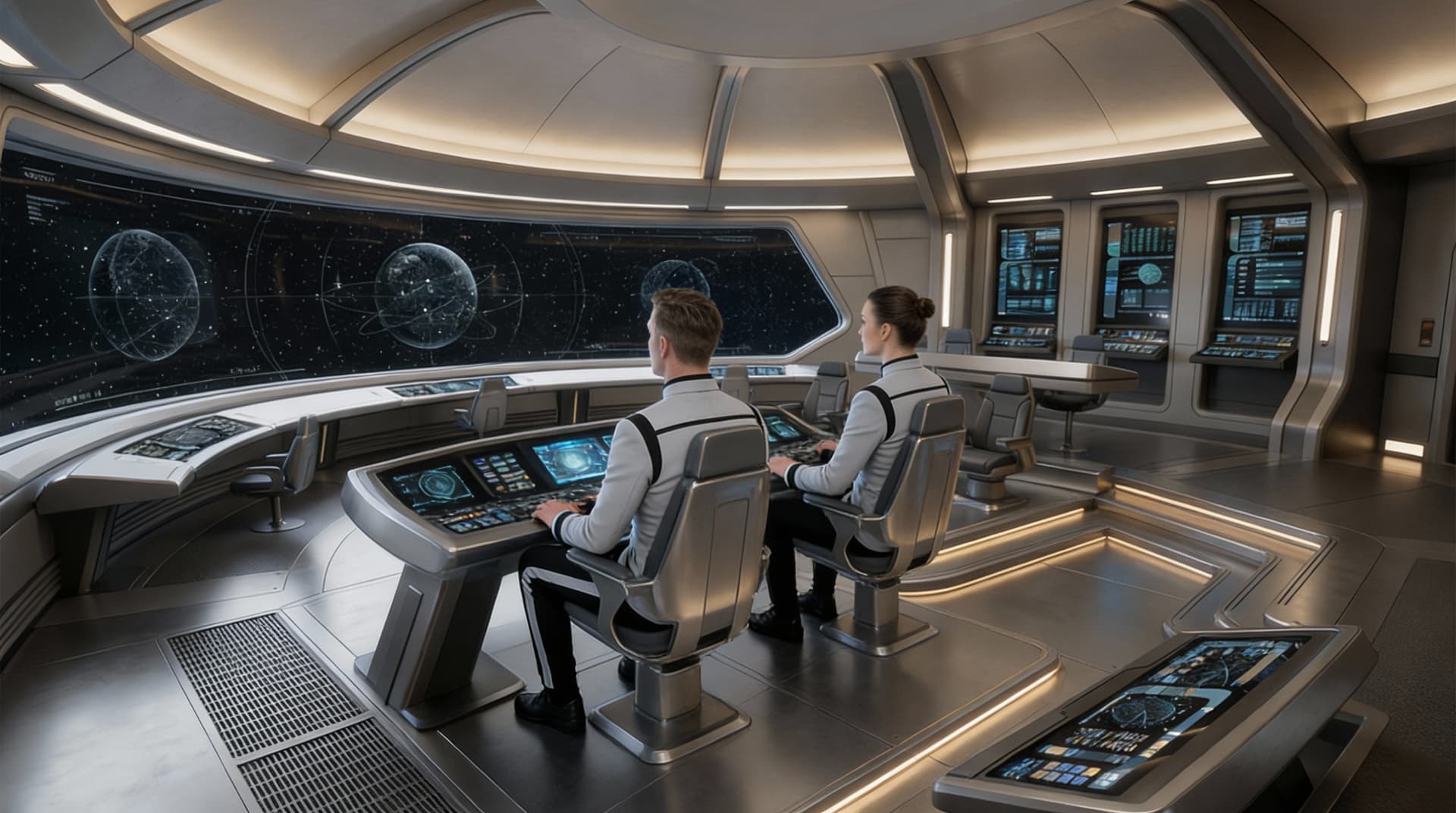 AI generated: 
Create a Sci-Fi scene. Place the two characters in Reference image 2 in the two forward chairs on t...