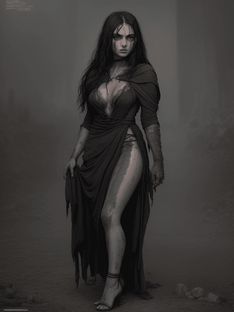 AI generated: A woman with raven black hair, green eyes and covered in dirt, wearing rags, escaped from a dungeon ...