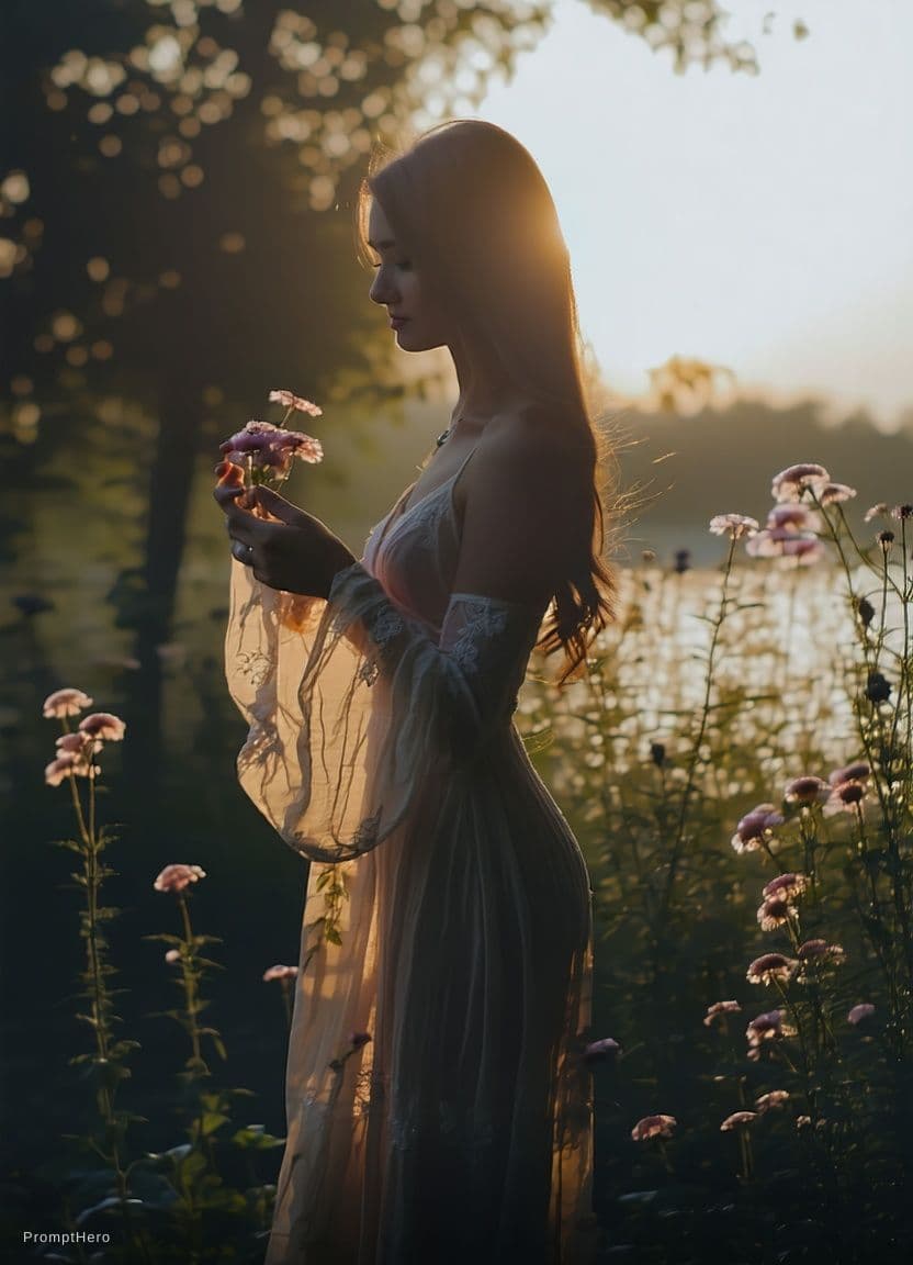 AI generated: A beautiful tanned young woman
stands in a field with flowers at sunset, wearing only
a long, thin...
