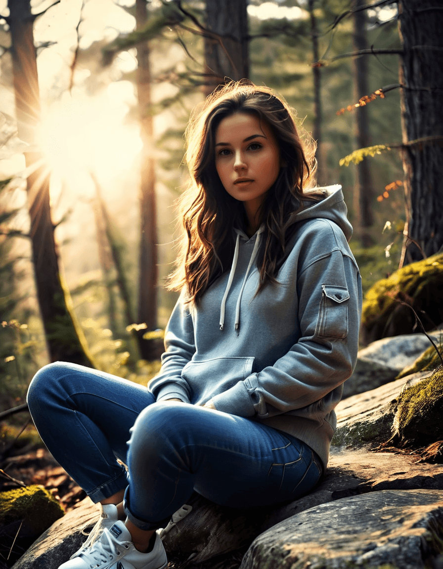 AI generated: woman, low angle, sitting on a large rock, long brunette hair, hoody, jeans, sneakers, large forest ...