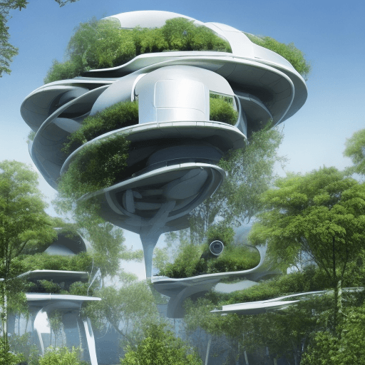 AI generated: futuristic architecture, water, co-habitation, nature, biophilic design, exterior perspective, level...