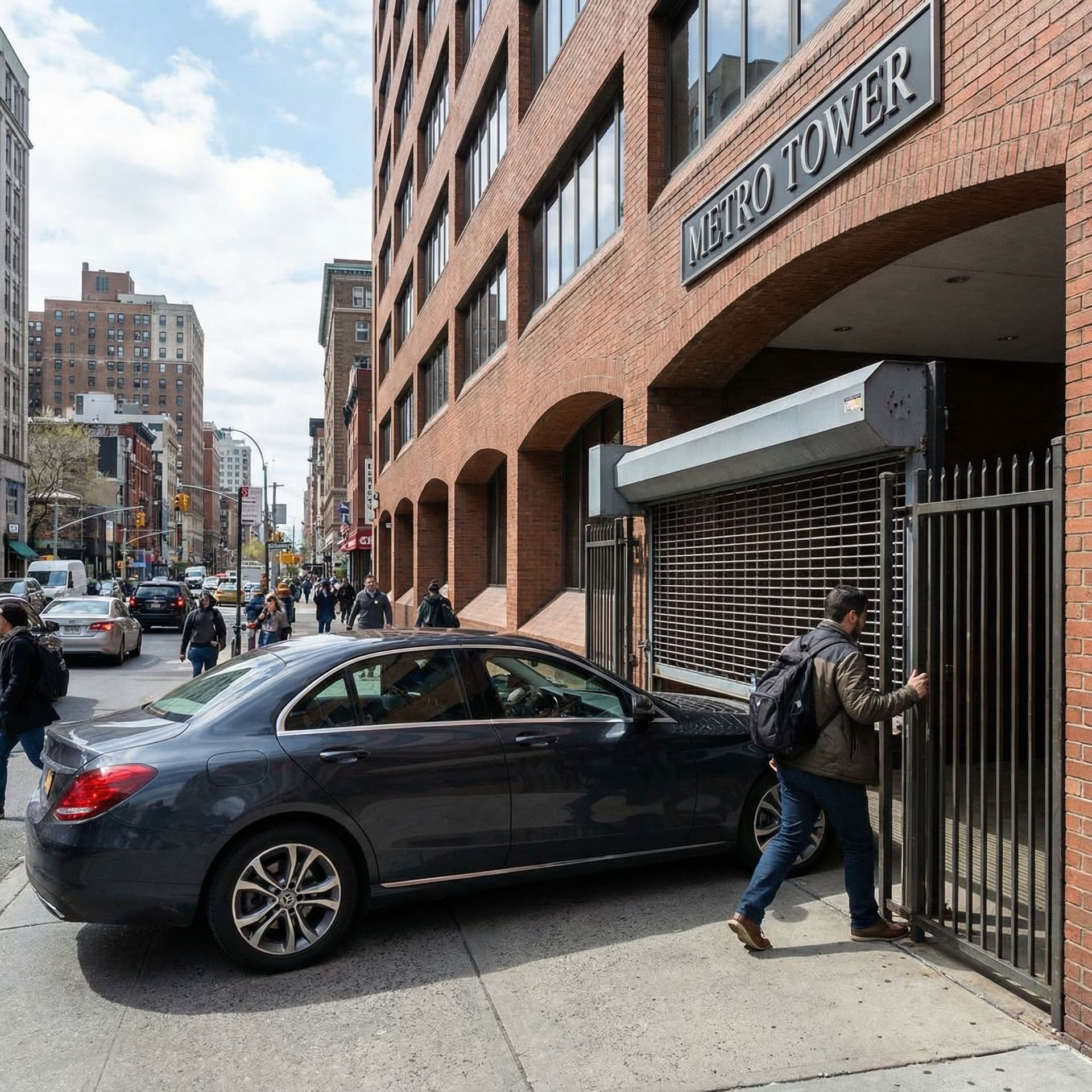 AI generated: create a picture of  A pedestrian entering right after a car through the entrance gate of a building...