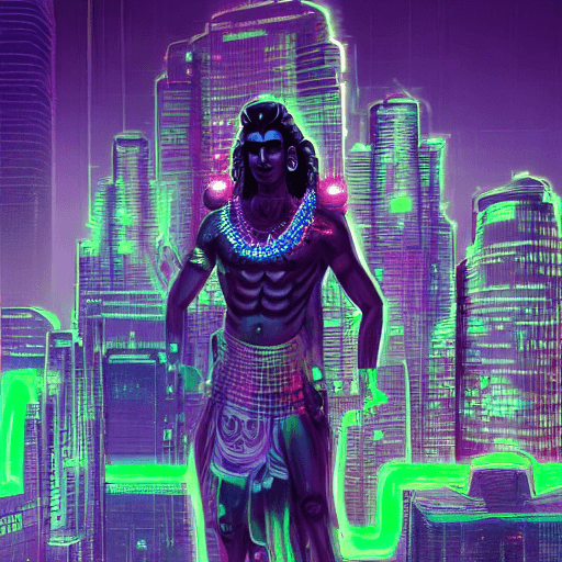 AI generated: lord shiva, cyberpunk, beautiful image, cyber city, neon lights, beautiful wallpaper, trending top o...