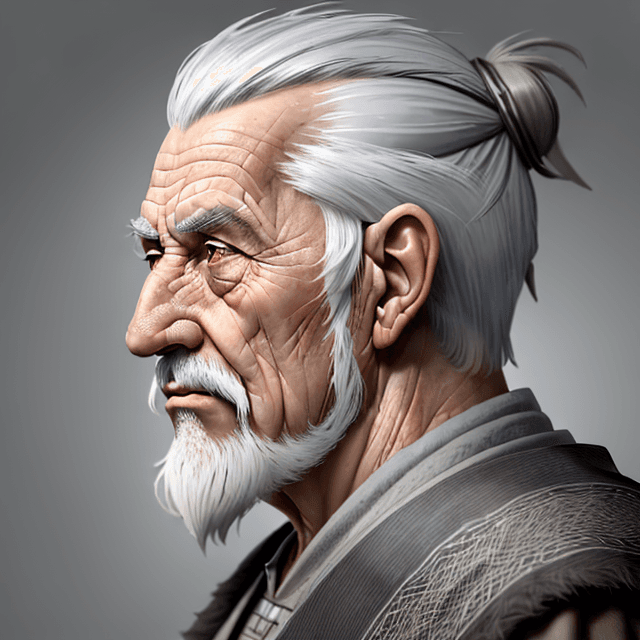 AI generated: side view portrait  of a face of a nice and wise old prehistoric man with  gray hair, side view, 8k