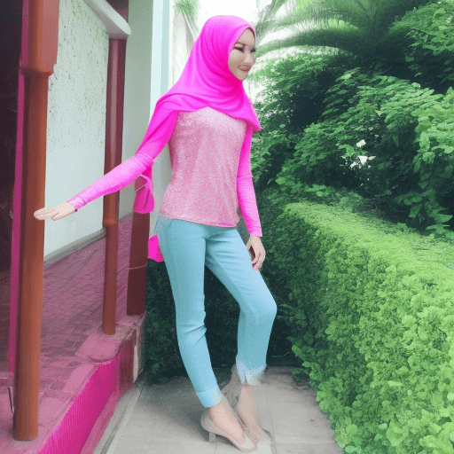 AI generated: Malaysian woman, 25 years old, wearing hijab, pink tshirt, hot looking 