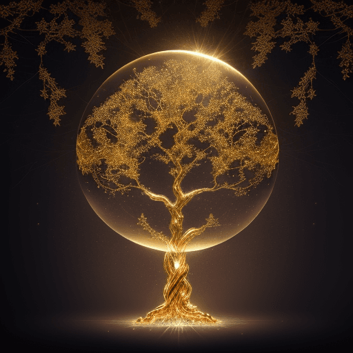 AI generated: (A shimmering cosmic Tree of Life, its golden branches reaching towards the heavens, enclosed within...