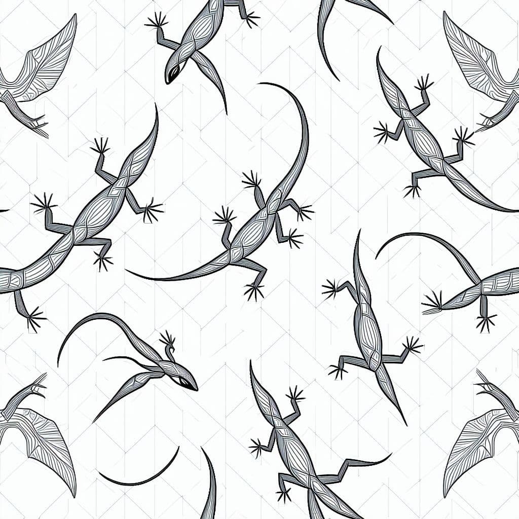 AI generated: "Geometric tessellation pattern of interlocking lizards (or birds) in black line art. Each shape is ...