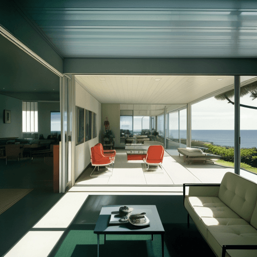 AI generated: Hyper realistic eye level exterior photo of a mid century modern style house overlooking the ocean, ...