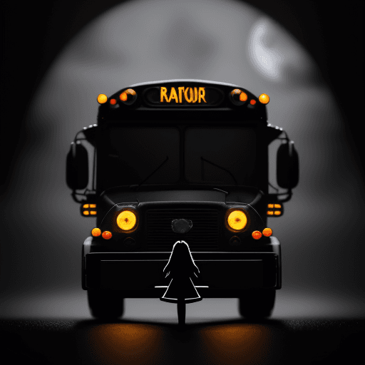 AI generated: small figure stepping to the glossy black school bus from behind, glowing lights, foggy, moonlight, ...