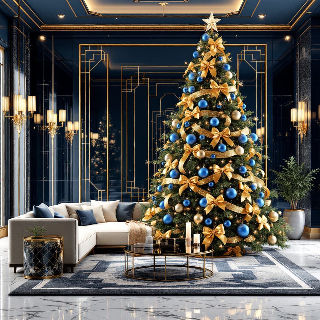 AI generated: Luxurious interior of a living room decorated for Christmas, with a luxurious tree with blue balls a...
