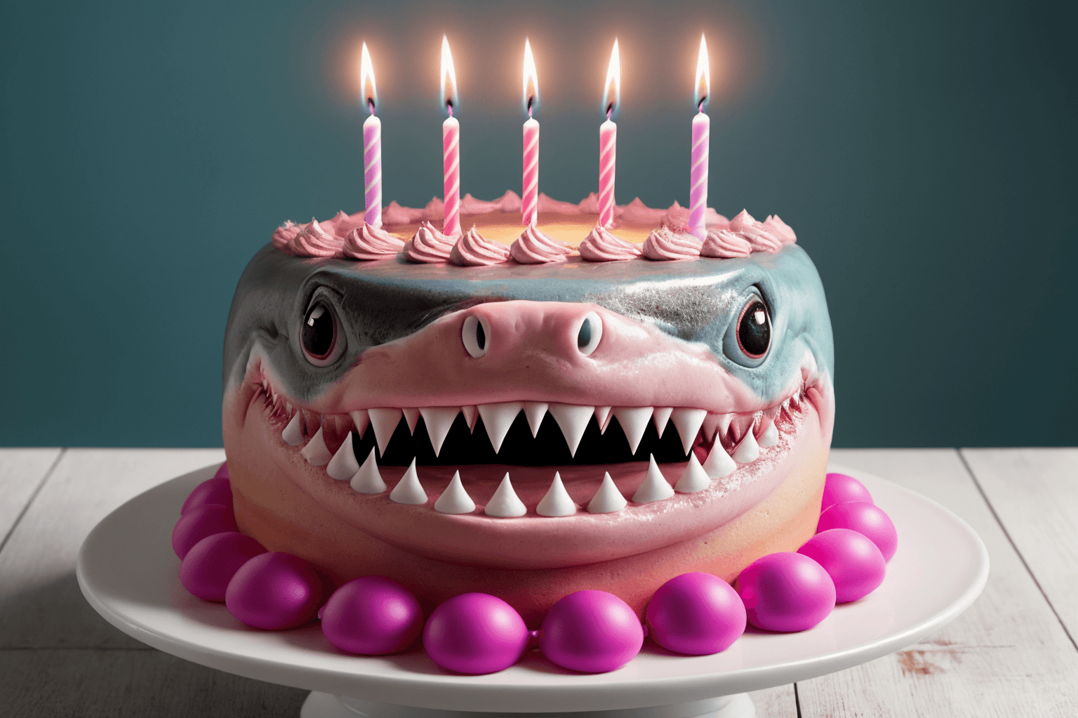 AI generated: 8k uhd, a magazine photo of birthday cake crafted to mimic open-mouthed shark,sharp teeth, fired bir...