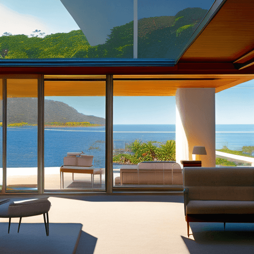 AI generated: Hyper realistic eye level exterior photo of a mid century modern style house overlooking the ocean, ...