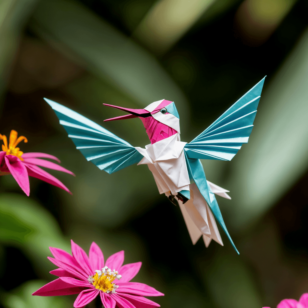 AI generated: cinematic shot of beautiful origami hummingbird made of folded paper origami, feeding on exotic flow...
