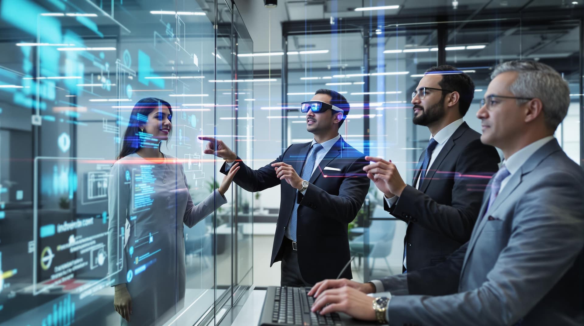 AI generated: /imagine prompt: Diverse professional team in modern office, 35-year-old Indian woman presenting on ...