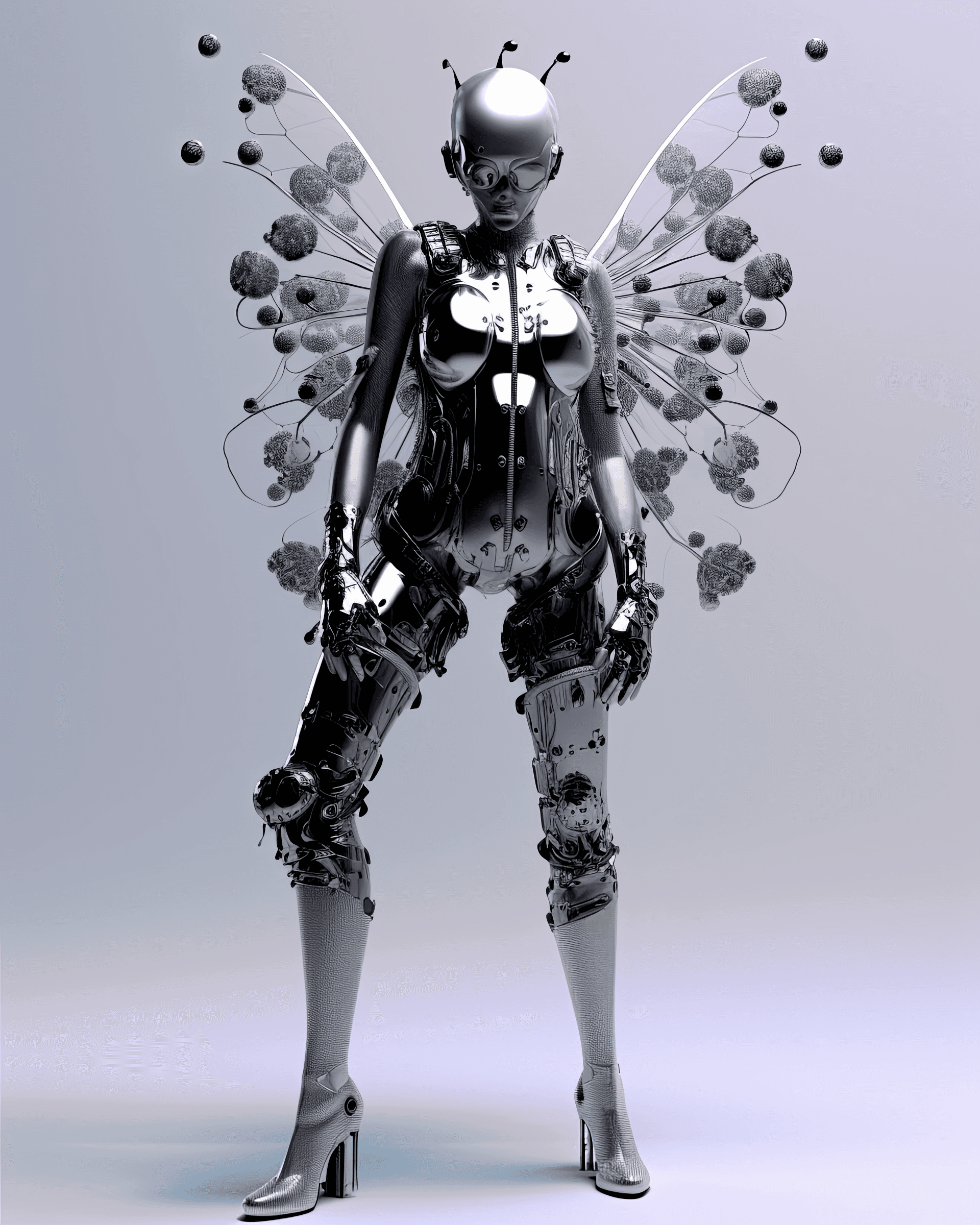 AI generated: a woman in a chrome vest with a costume and shoes., in the style of cybernetic surrealism, womancore...