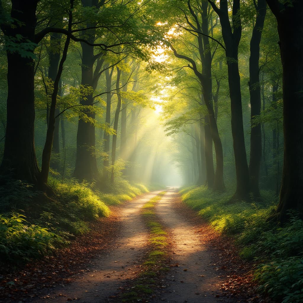 AI generated: serene forest path with soft morning sunlight, empty trail, green leaves glowing, cinematic backgrou...