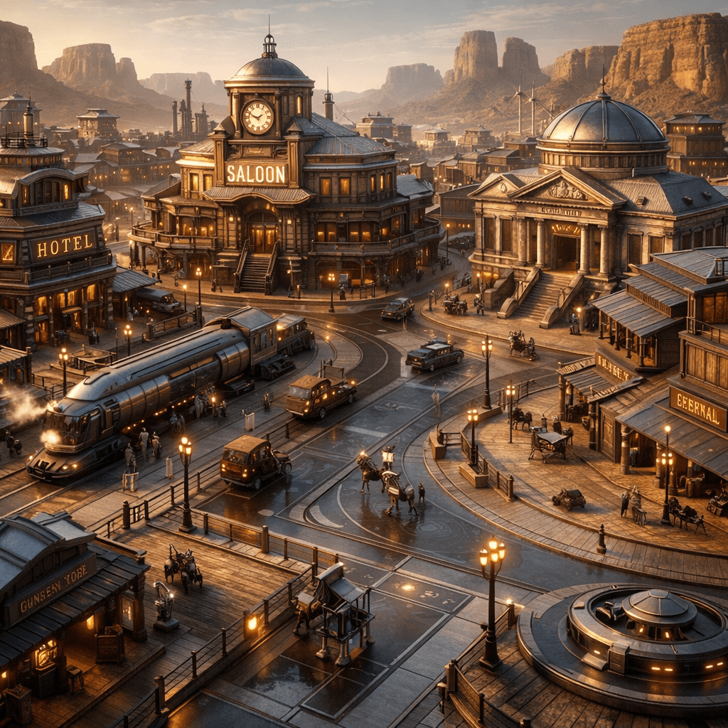 AI generated: Display an aerial view of a sleek, futuristic Old American Western City, a reminder of the rough ter...
