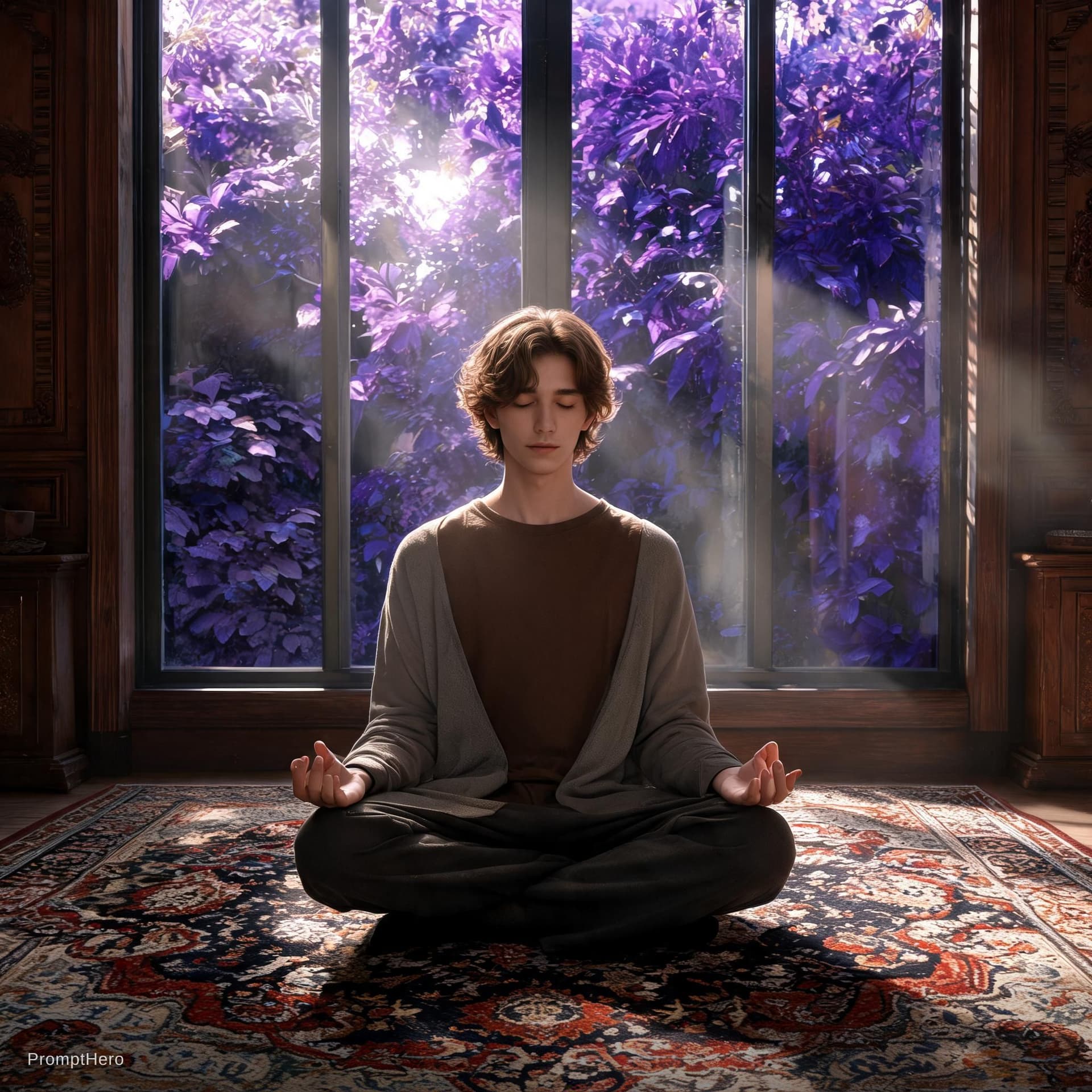 AI generated: introspective young man with wavy hair meditates in a serene space, cross-legged on an antique rug, ...