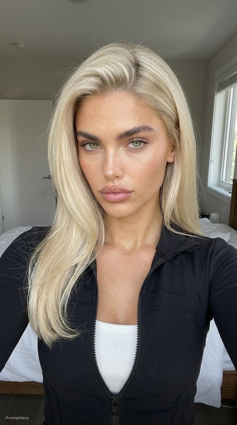 AI generated: Candid iPhone front camera selfie of a young adult European-looking woman indoors.
Arm’s-length self...