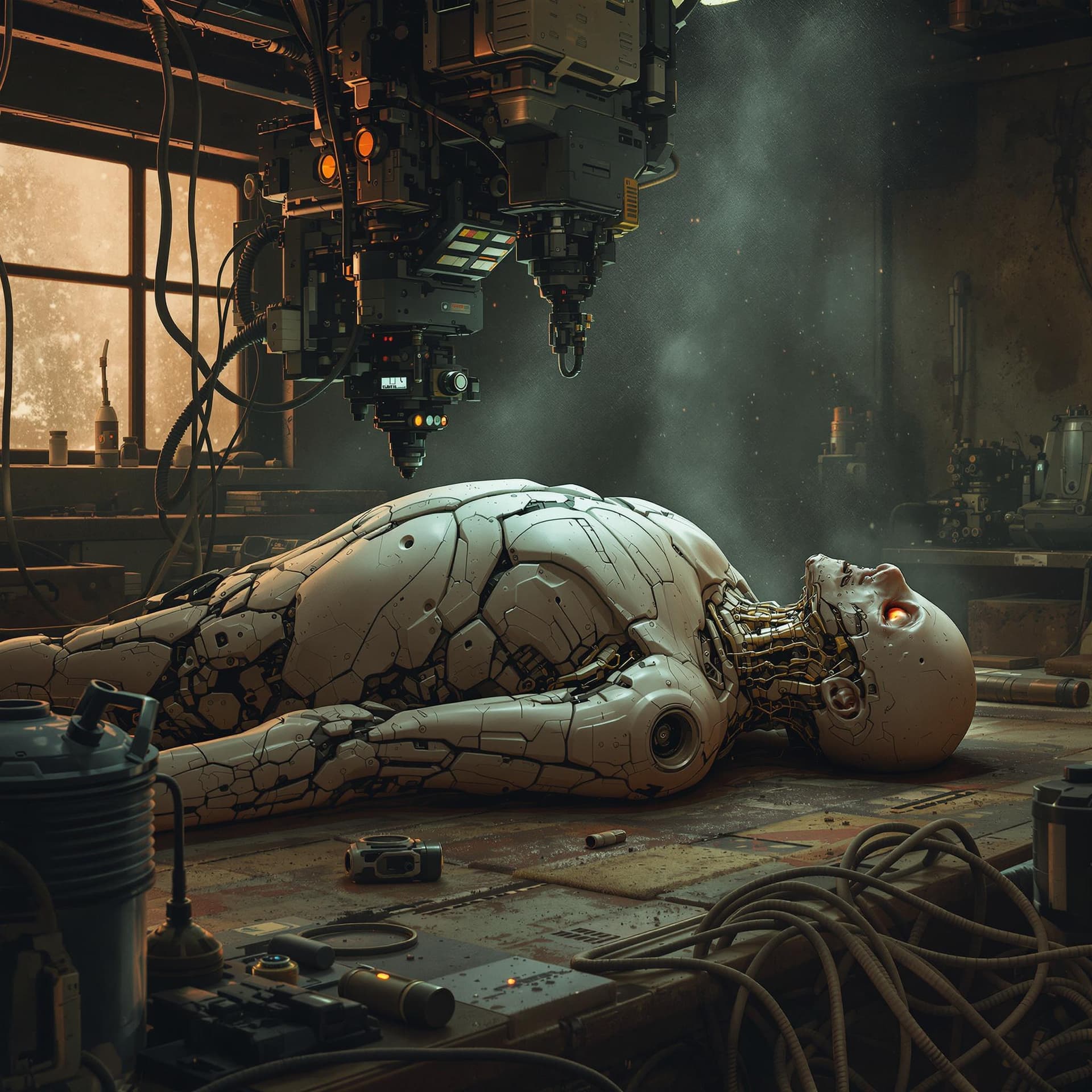 AI generated: digital sci-fi illustration of a prone torso and head of cyborg being 3d printed in a technical labo...