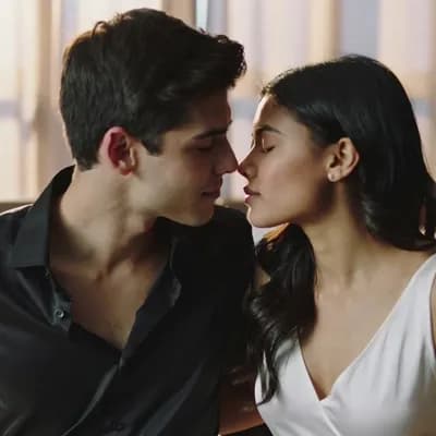 AI generated video: The two models curl up and share a passionate kiss 