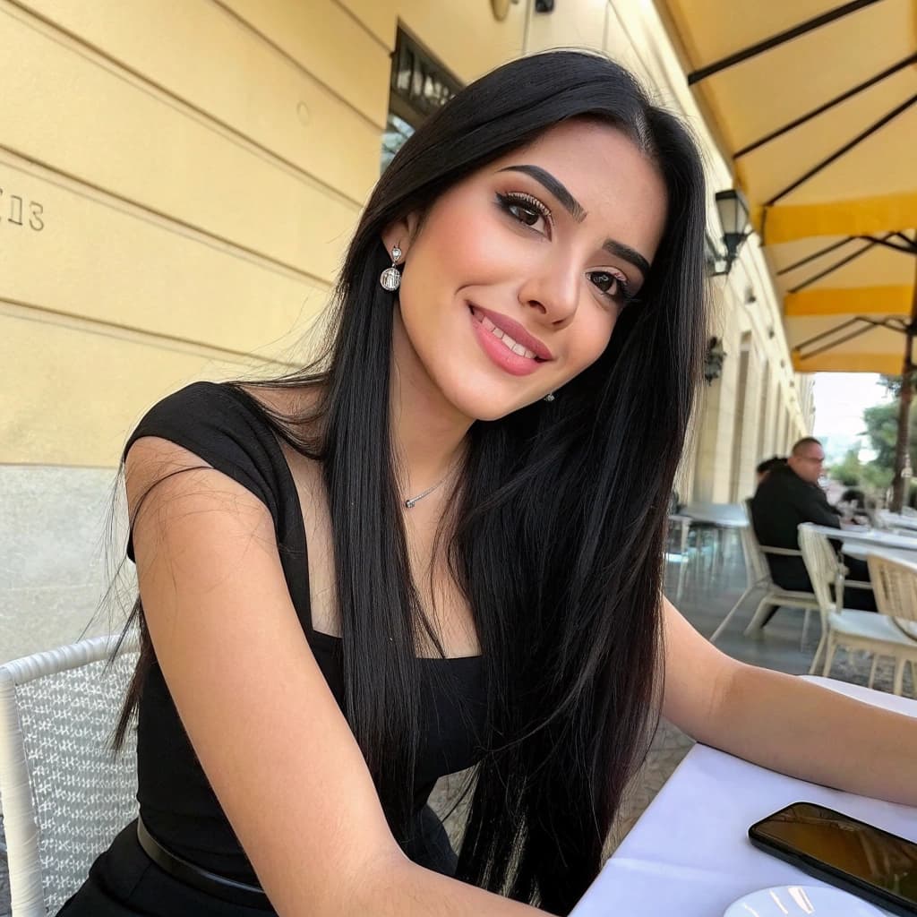 AI generated: beautiful latina woman, 22 years old, long straight black hair, soft natural makeup, big brown eyes,...