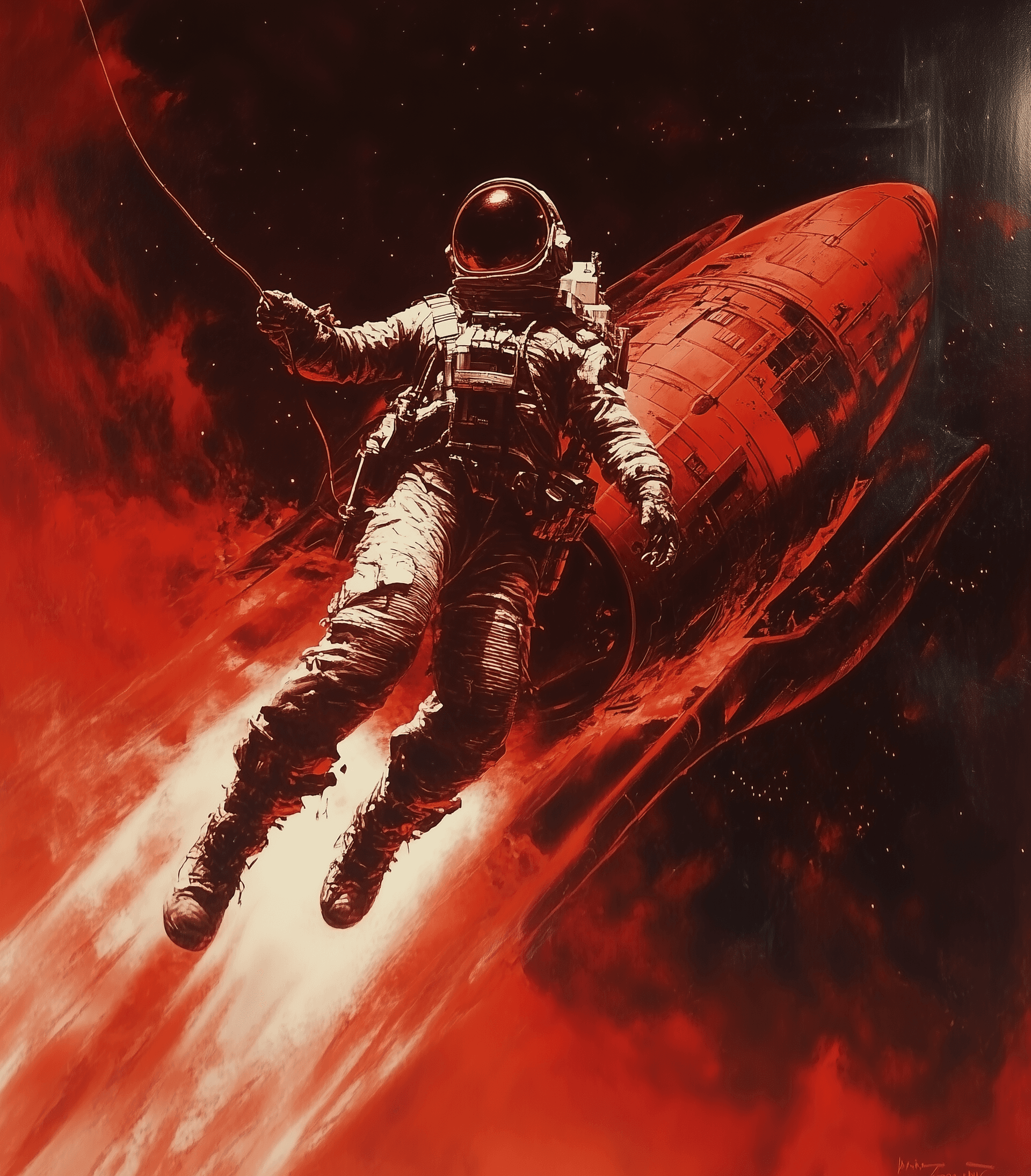 AI generated: Vintage pulp illustration of an astronaut in space, at the end of a tether on top of a red alien spa...