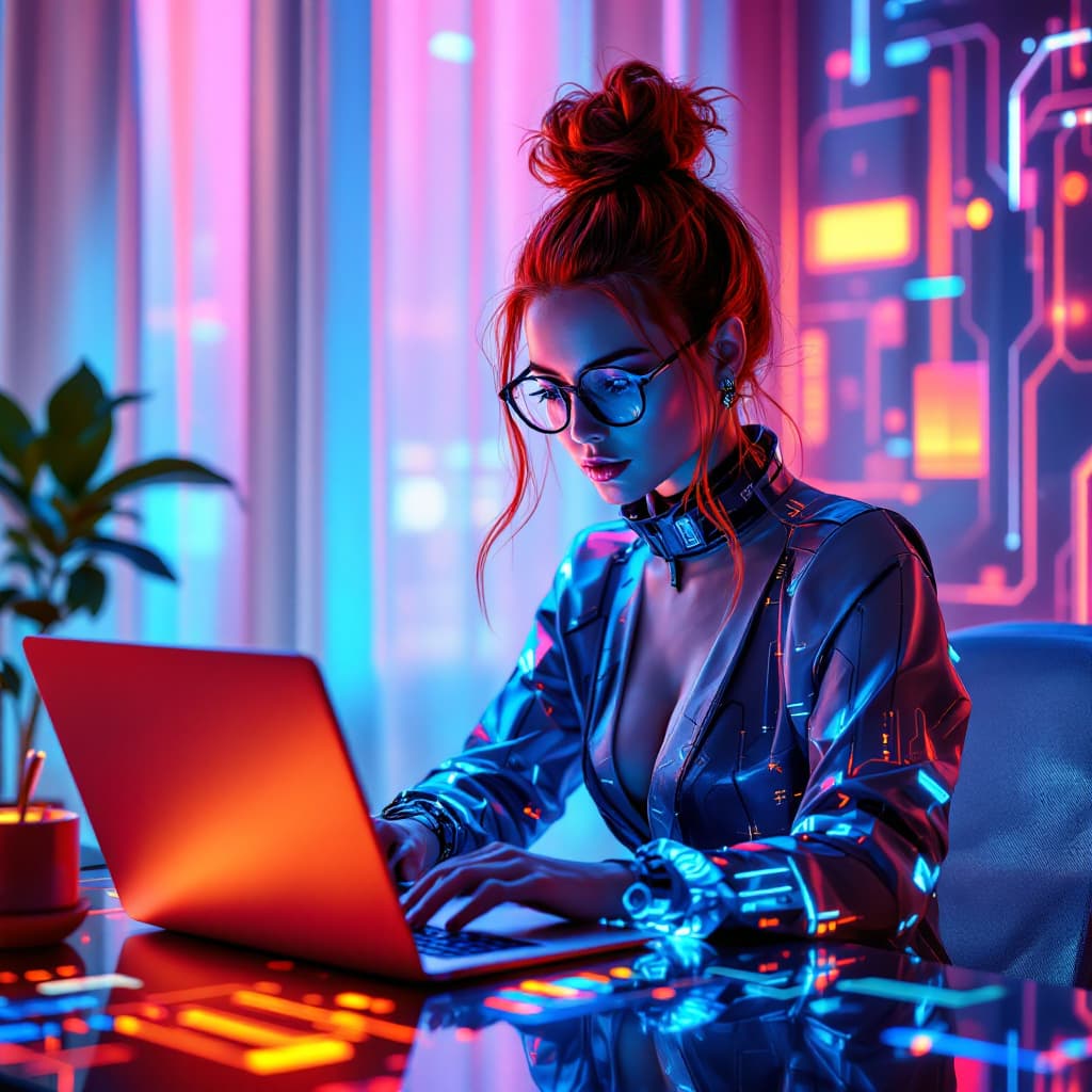 AI generated: A hyper-realistic and stylish digital artwork of a red-haired young woman with a messy bun and round...