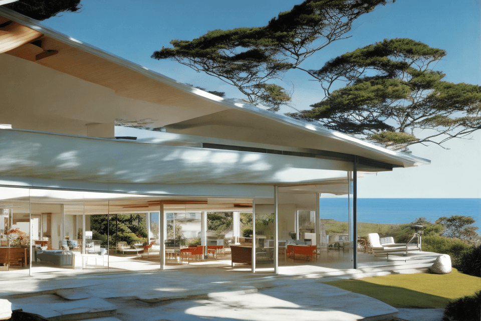 AI generated: Hyper realistic eye level exterior photo of a mid century modern style house overlooking the ocean, ...