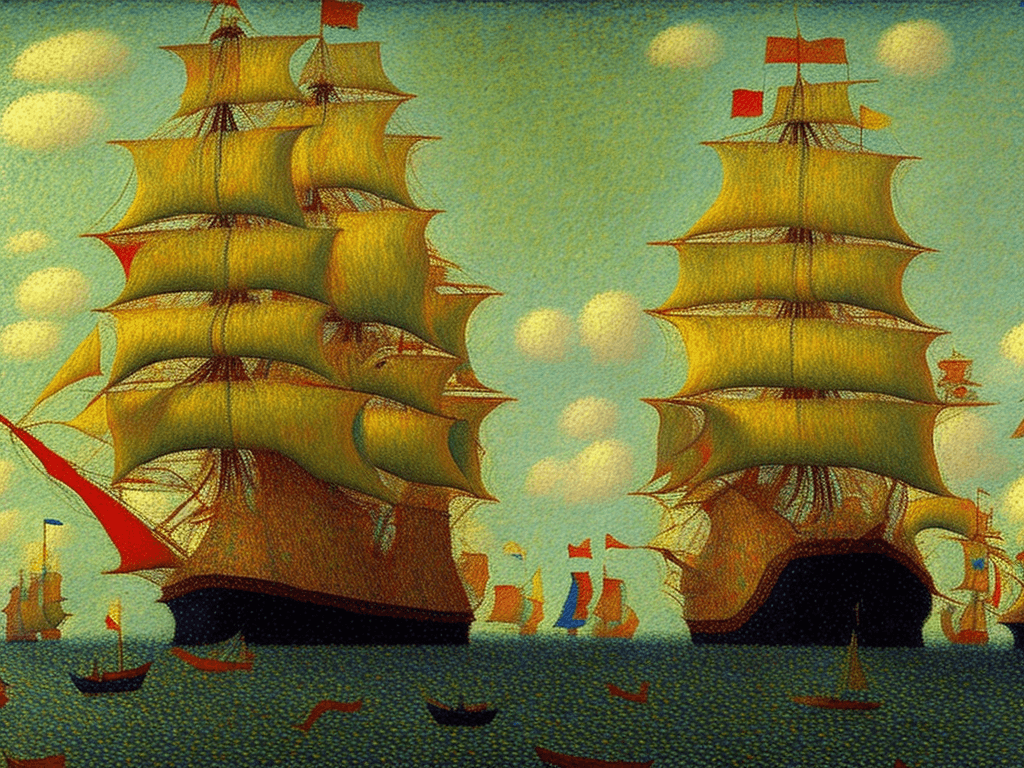 AI generated: A painting of a galleon, in the style of Georges Seurat
