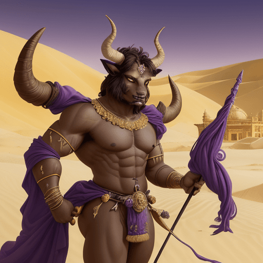 AI generated: A close-up of an anthropomorphic minotaur with horns, wearing purple and black and holding a spear. ...