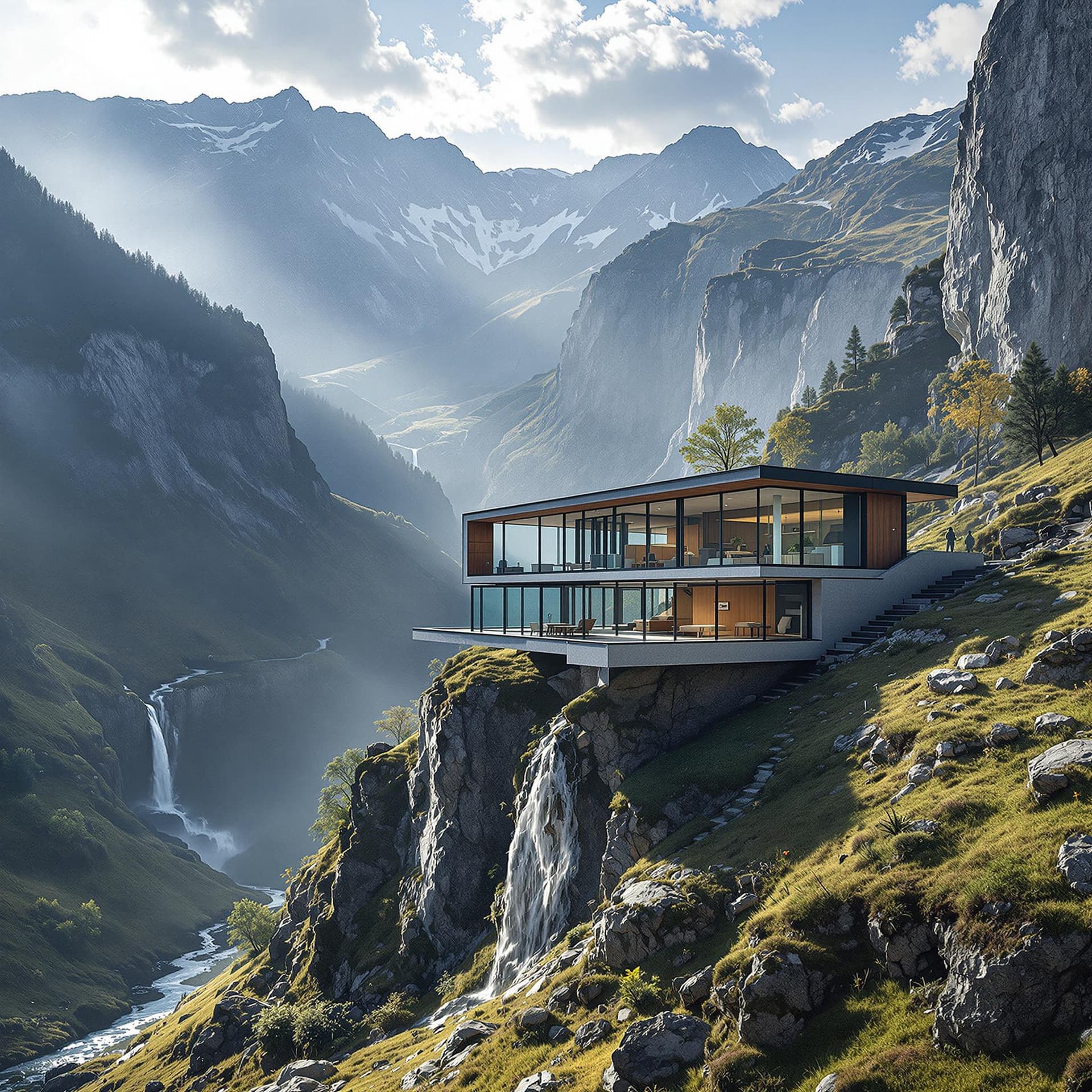 AI generated: Realistic photography of a Bauhaus architecture building on a slope with concrete, wooden and glas f...