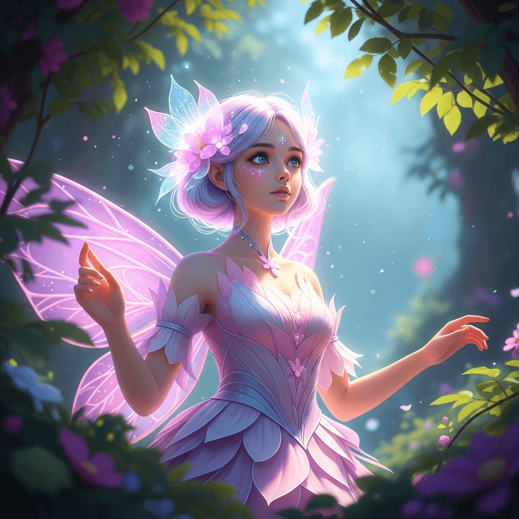 AI generated: A radiant fairy-like girl with delicate and innocent facial features, soft pastel-colored hair glowi...