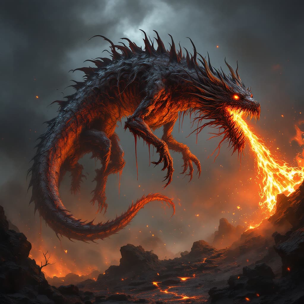AI generated: A zombie dragon with decayed, rotting skin and glowing, eerie eyes. Its body is covered in patches o...