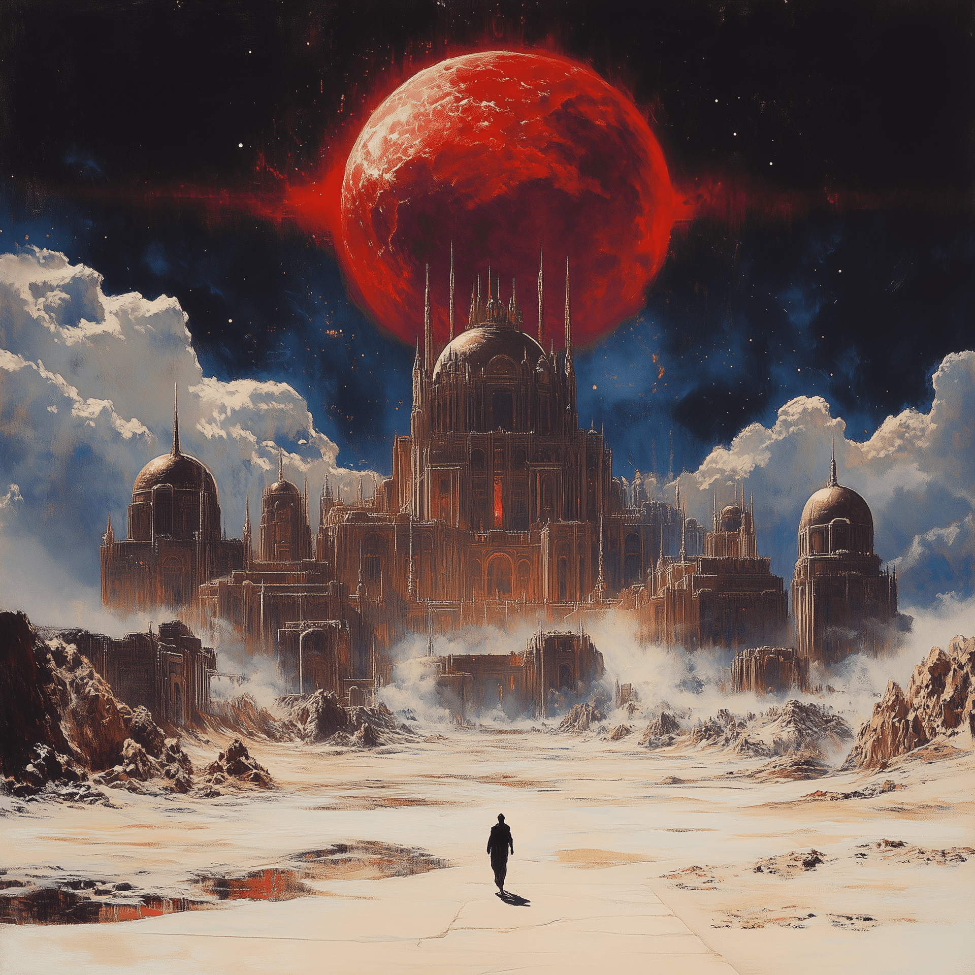 AI generated: A massive city on the moon of Rhea, with a large palace in front and several domes around it, painte...