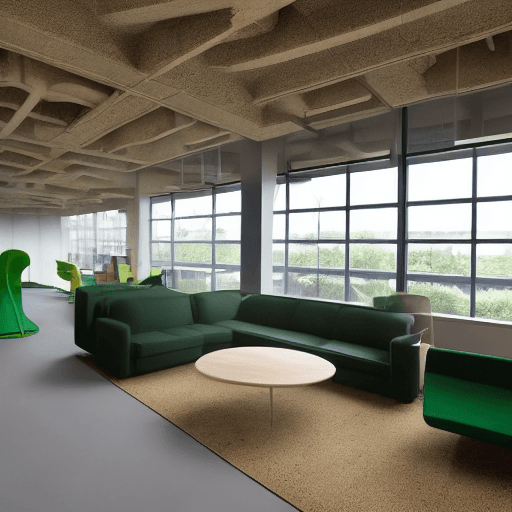 AI generated: hyper realistic photo of company office interior design, green house, living room atmosphere, glass,...