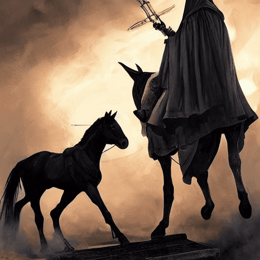 AI generated: A hooded knight rides a black stallion holding a scale in his hand, flames from the ground, artwork ...