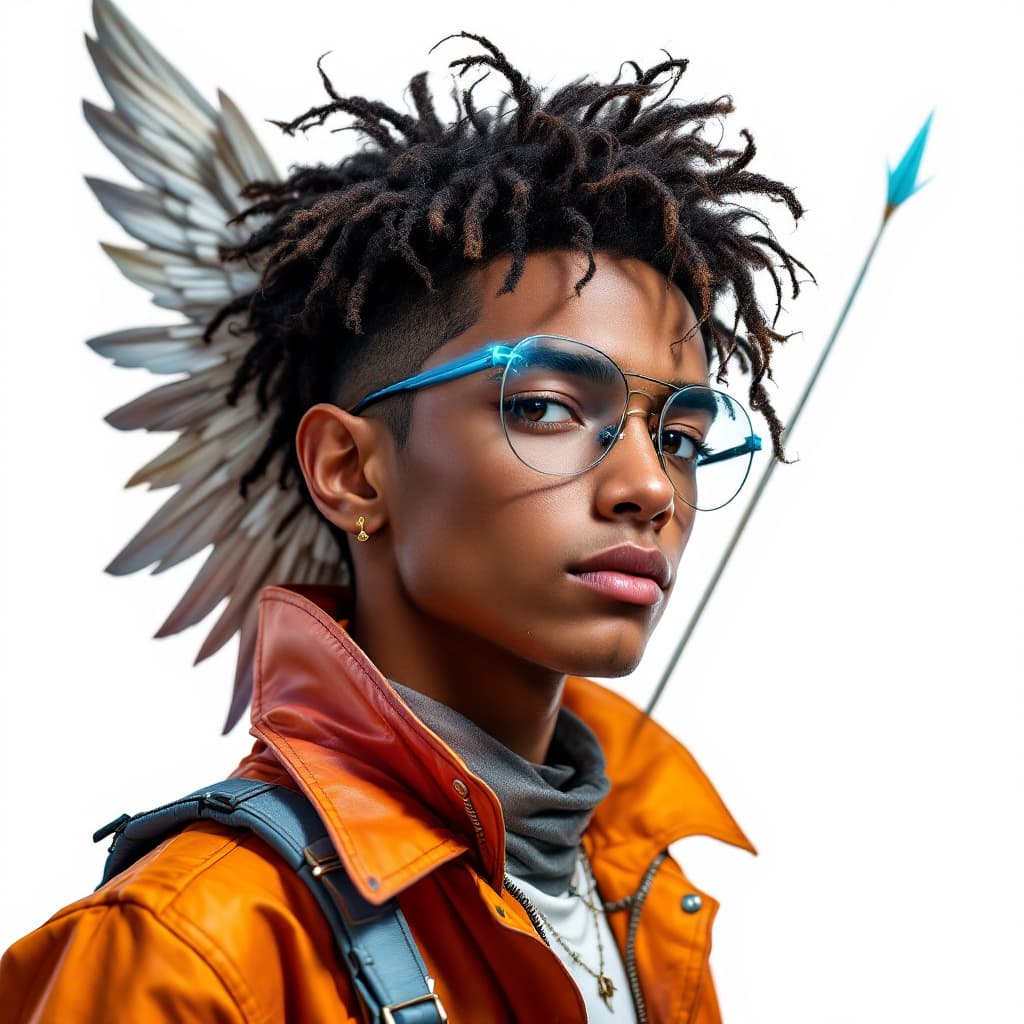 AI generated: mixed race boy cupid in dressy street wear with a cyber punk bow and arrow
white background