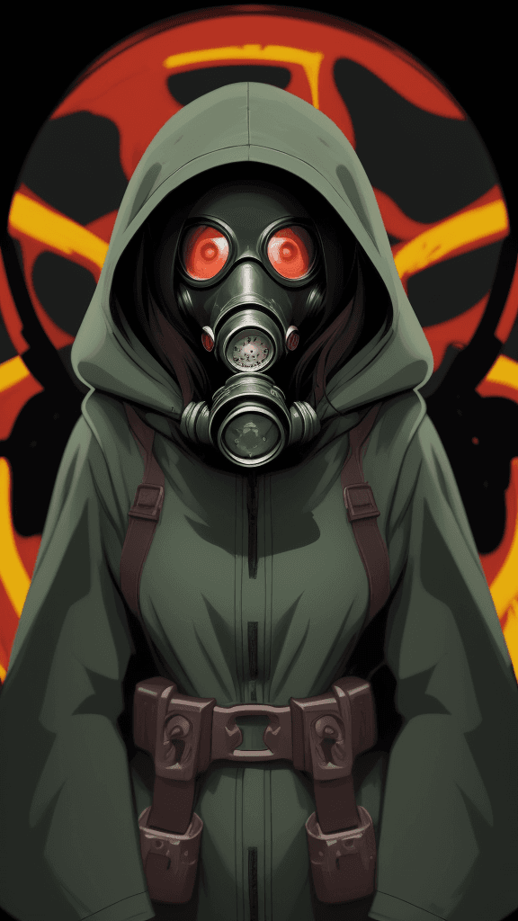 AI generated: complex background portrait of little 
Hooded woman. Wearing a gas mask. Prominent eyes, complex bac...