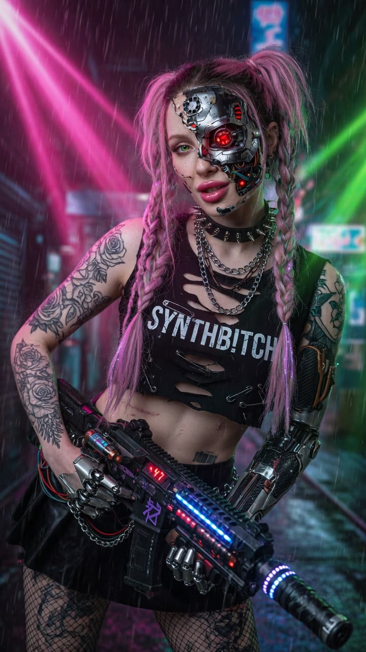 AI generated: Ultra-realistic cinematic photograph of a beautiful cyberpunk woman in her mid-20s, highly detailed ...