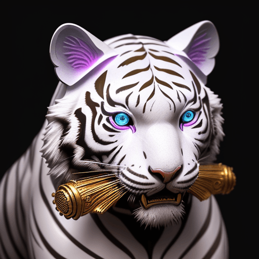 AI generated: the white tiger wearing a metallic body with big eyes, in the style of intricate steampunk, zbrush, ...