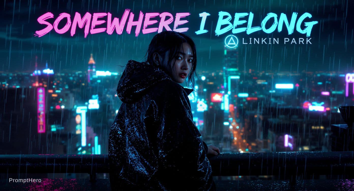 AI generated: A cinematic cyberpunk portrait of a young Asian woman standing on a rooftop overlooking a futuristic...