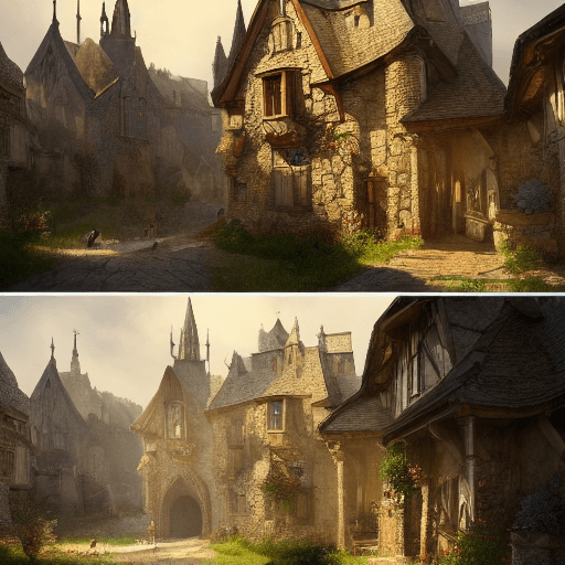 AI generated: """a beautiful dark fantasy medieval large village with several houses made of stones in a beautiful...