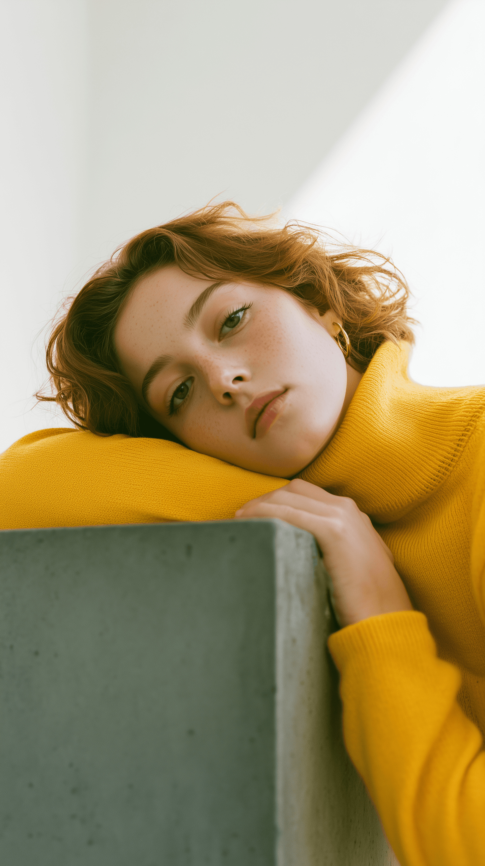 AI generated: portrait, tilt composition, editorial photography, shot on 35mm film, perspective, young woman model...