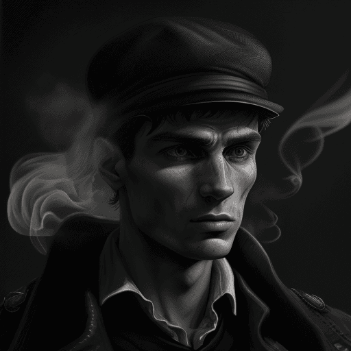 AI generated: digital portrait of thomas shelby, calm, desperate, strong facial expression, smoke, dramatic, digit...