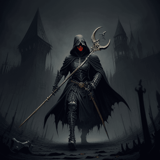 AI generated: painting in the style of a dark fantasy artist of the grim reaper fighting in full plate armor, swin...