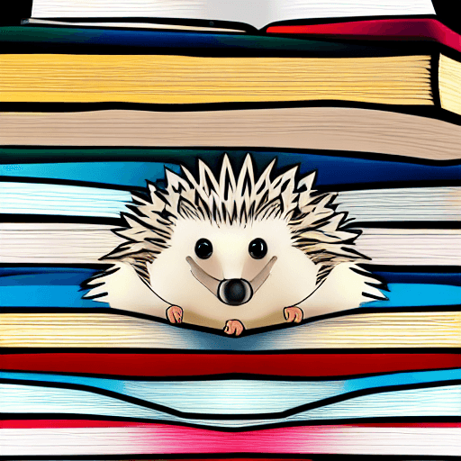 AI generated: An hedgehog  wearing round glasses, next to a pile of books in different colors. On a white backgrou...