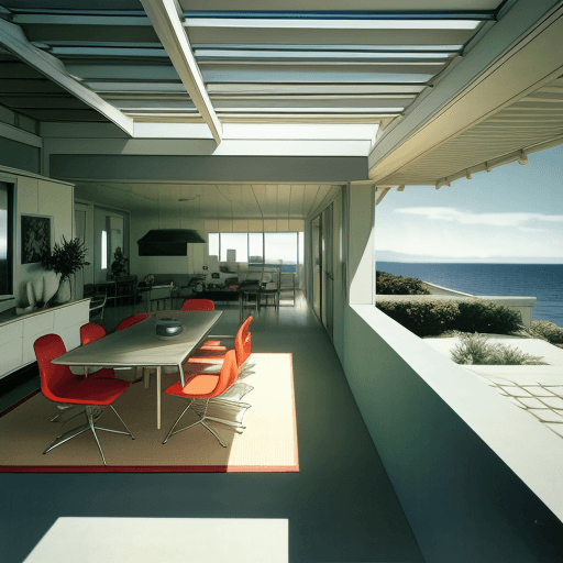 AI generated: Hyper realistic eye level exterior photo of a mid century modern style house overlooking the ocean, ...