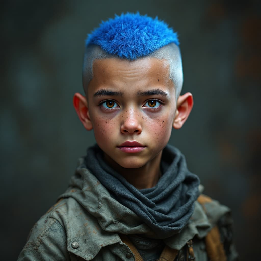 AI generated: make a image of 10 year old ancient boy who has blue buzz cut hairs and dumb looking and tall brown ...