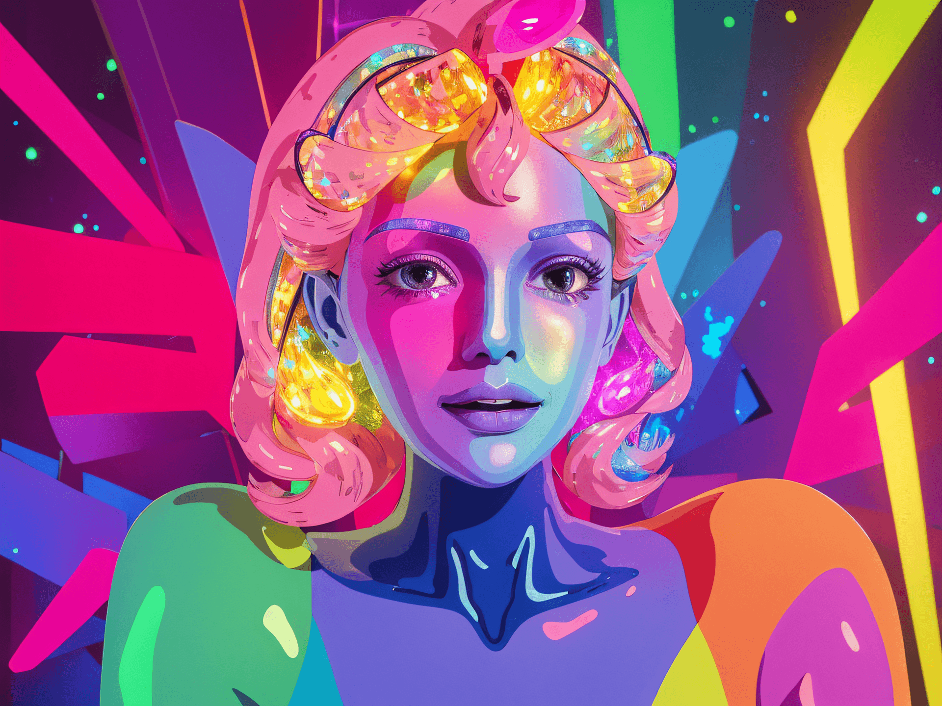 AI generated: best quality, masterpiece, woman with glitter on her face, surprised, iridescent, holographic, glitt...